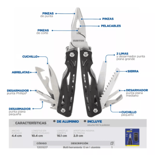 Pinza multiherramienta 13 en 1 Surtek negro 120527