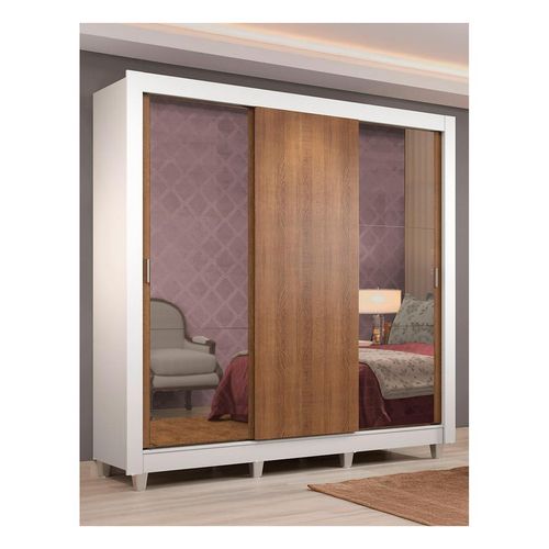 Closet Madesa 3 puertas con 2 espejos 2 cajones con pies blanco marron lyon