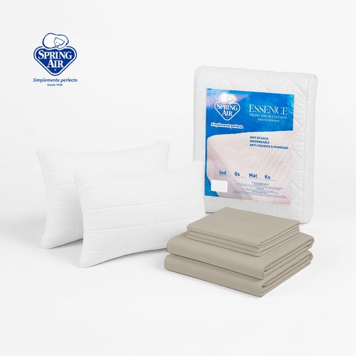 Set protector Essence + 2 paq almohadas peach + sabanas khaki