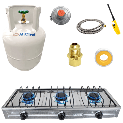 Combo Superflama triple flama ac parrilla de 3 quemadores y tanque de gas
