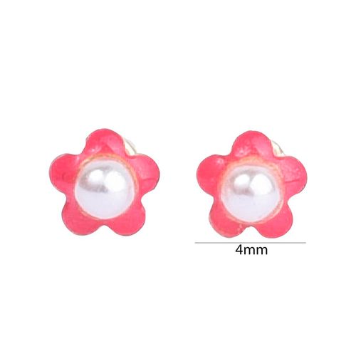 Broqueles para niña Renee flor esmaltada con perla rosa f644