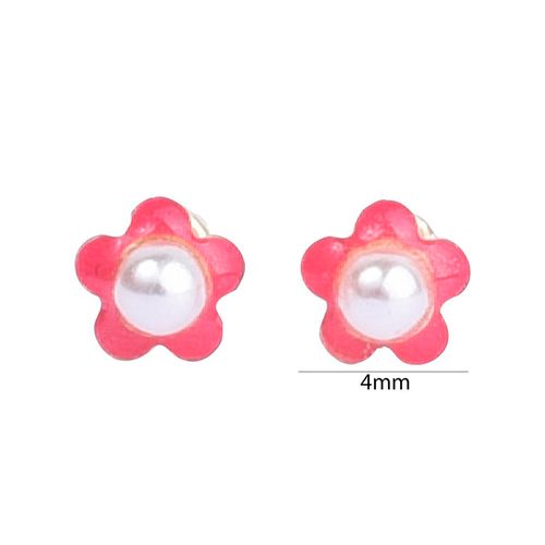 Broqueles Para Niña Renne Flor Esmaltada Con Perla Rosa F644