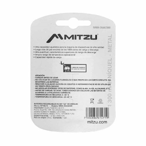 Kit De 2 Baterías Mitzu Recargables "AA" De 2300 mAh