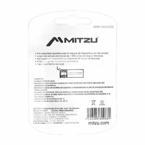 Kit De 4 Baterías Mitzu Recargables "AAA" De 850 mAh