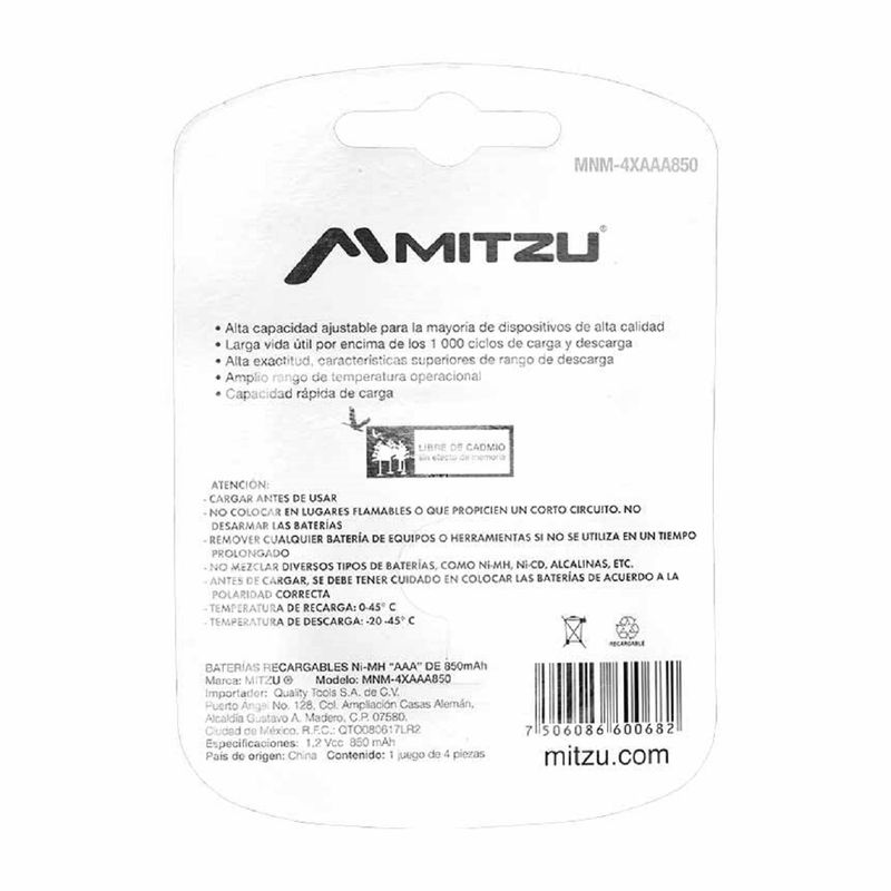 Batería recargable AAA Mitzu de Ni-cd