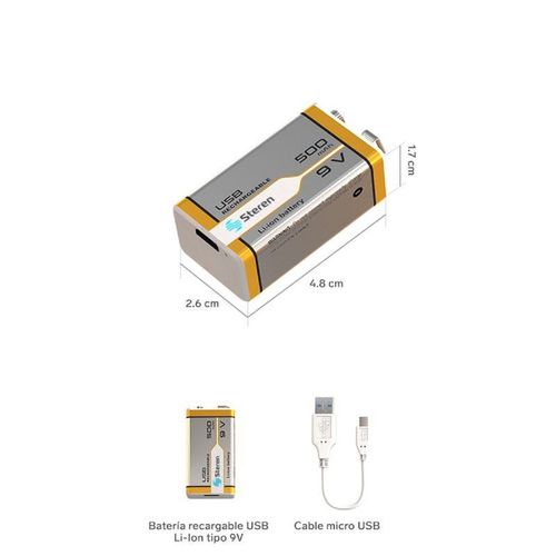 Batería Steren Recargable USB LI-ION Tipo 9V De 500 mAh