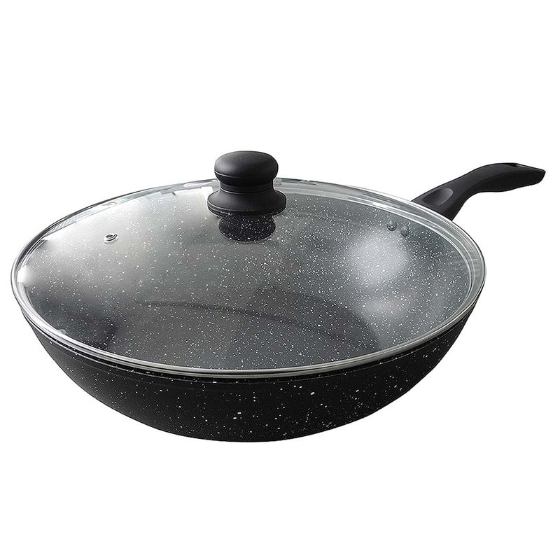 Sartén antiadherente para wok de inducción de 32 cm con tapa, color negro