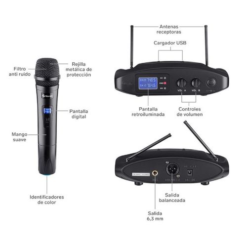 Sistema profesional de 2 micrófonos Steren uhf con batería recargable