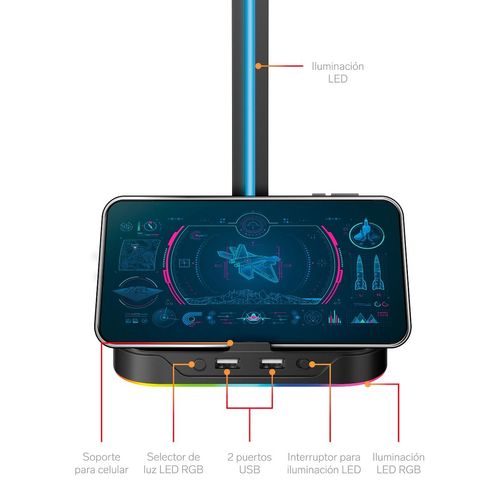 Soporte Steren Gamer Para Audífonos Con HUB USB Y Luz LED RGB COM-070