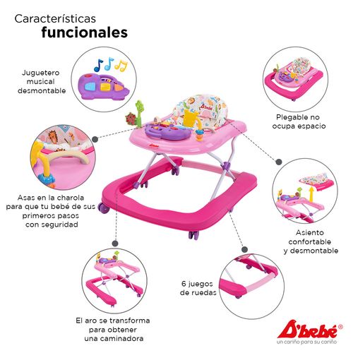 Andadera caminadora musical Dbebé jungle 2 en 1 rosa