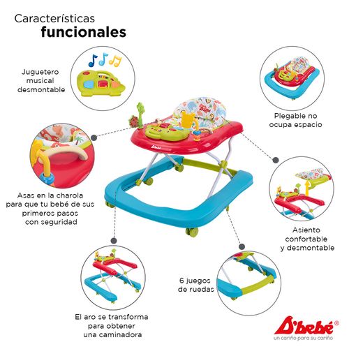 Andadera caminadora musical Dbebé jungle 2 en 1 roja