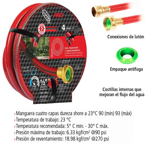 Manguera 30m, Pro, Cuatro Capas con Conexiones Metálicas IUSA  Modelo. 620075