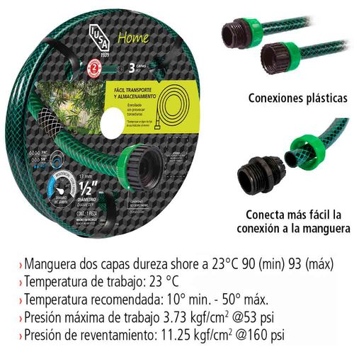 Manguera 15m Home Tricapa 1/2” con Conexiones Plásticas IUSA  Modelo. 620064