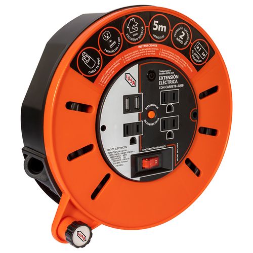 Extensión eléctrica d'carrete IUSA 5m 3 entradas + 2 usb 620019