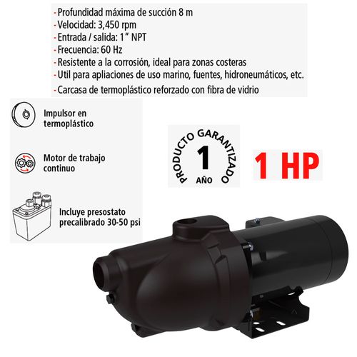 Bomba Hidráulica IUSA 1 HP, Tipo Jet, Termoplástica  Modelo. 620000