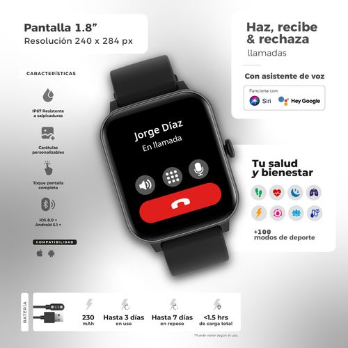 Smartwatch + Audífonos Binden 1.8' Llamadas Salud Negro Kulest Kit