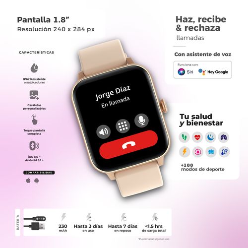 Smartwatch + Audífonos Binden 1.8' Llamadas Salud  Rosa Kulest Kit