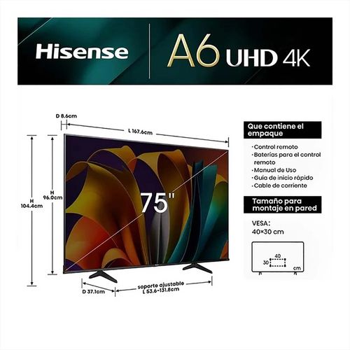 Pantalla Hisense 75P Smart TV LED Negro 75A6N