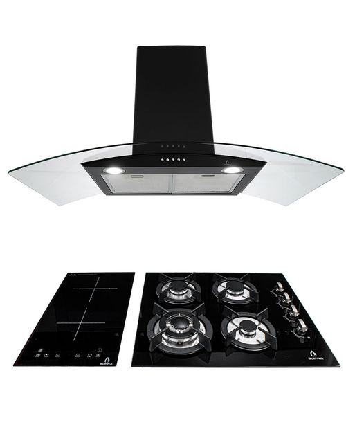 Tricombo Supra GRONa color negro con campana de pared 90cm más parrilla de inducclón y parrilla de gas con 4 quemadores
