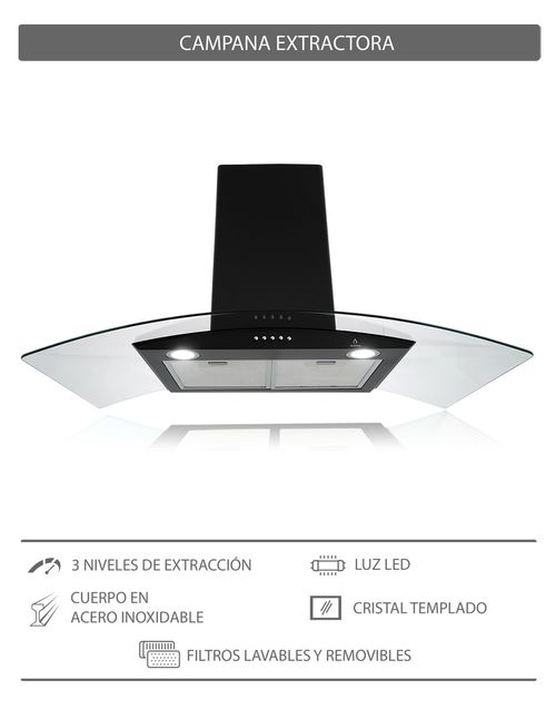 Tricombo Supra GRONa color negro con campana de pared 90cm más parrilla de inducclón y parrilla de gas con 4 quemadores