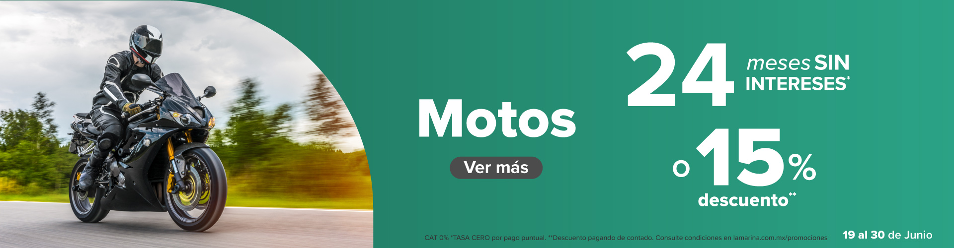 motocicletas con 24 MSI tasa 0 por pago puntual  y 15% dto 